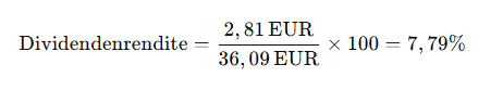 ritish American Tobacco (BAT) 2,81 EUR pro Aktie. Bei einem aktuellen Kurs von 36,09 EUR ergibt sich eine beeindruckende Dividendenrendite von 7,79%. Die Berechnung der Dividendenrendite erfolgt dabei nach folgender Formel: