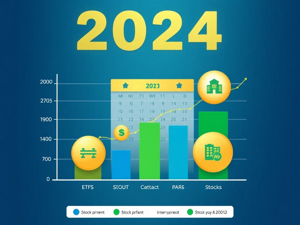 Ein Diagramm mit verschiedenen Anlageformen wie ETFs, Immobilien und Aktien, das Diversifikation symbolisiert, mit einem Kalender für 2024 im Hintergrund.